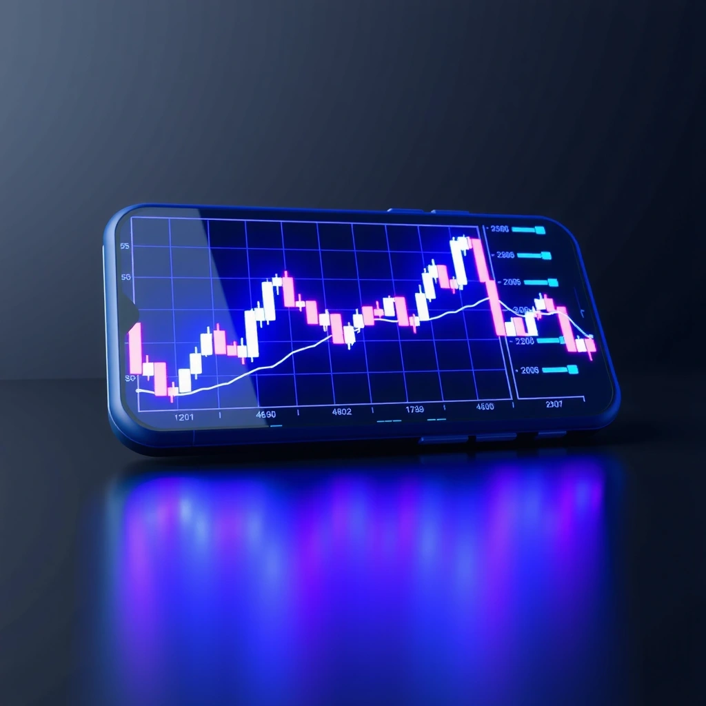 Abstract mobile interface with trading candlesticks in deep space background